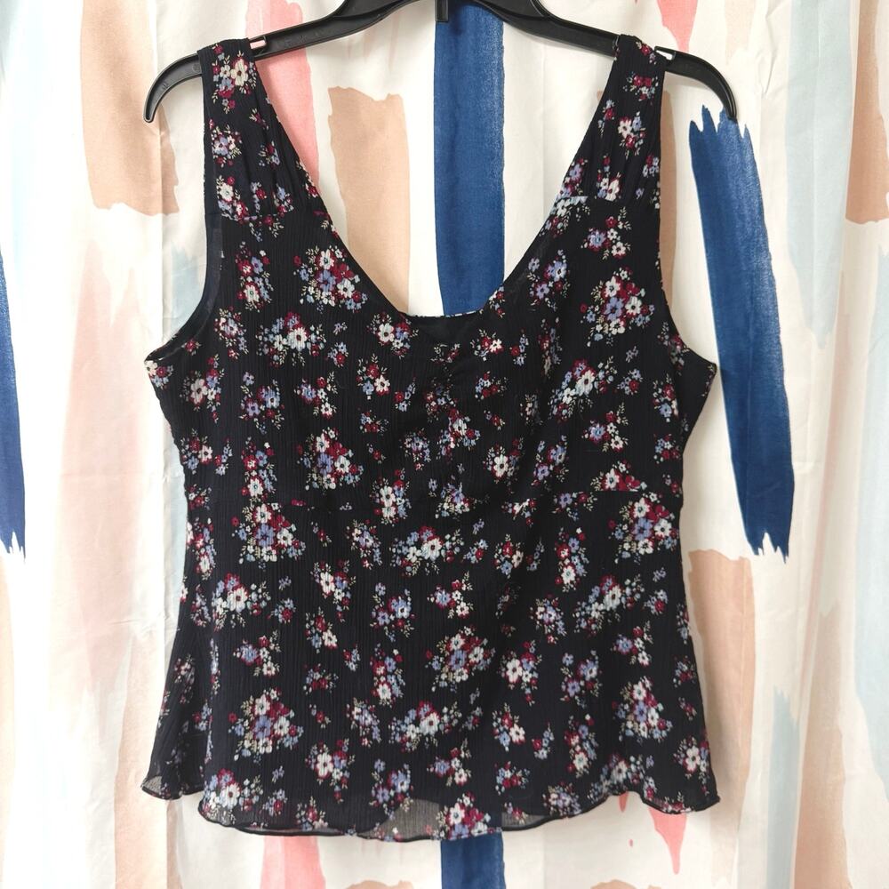 W by Worth Blue Red White Ditsy Floral Silk V-Neck Tank Top Size 12
